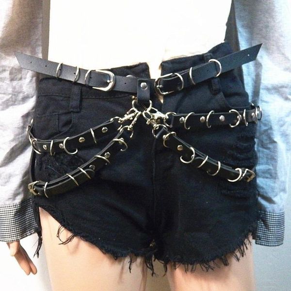 

punk style pu irregular hoop chain belt statement trend pin buckle belt for women nightclub dark grunge body accessories drop shipping, Black;brown
