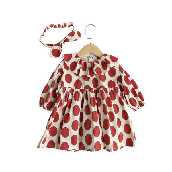 

girl's dresses autumn girls dress polka dot ruffled doll collar female baby sweet princess with headband children's clothes, Red;yellow