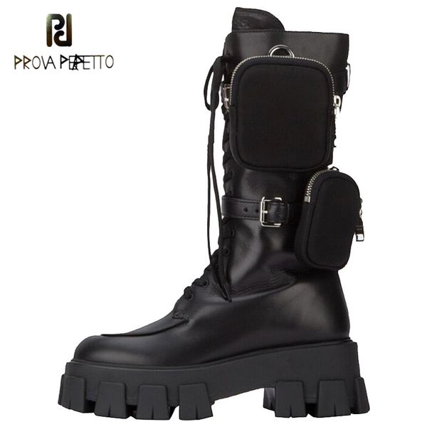 

new autumn winter muffin platform mid-leg boots army boots leather locomotive lace-up pocket, Black