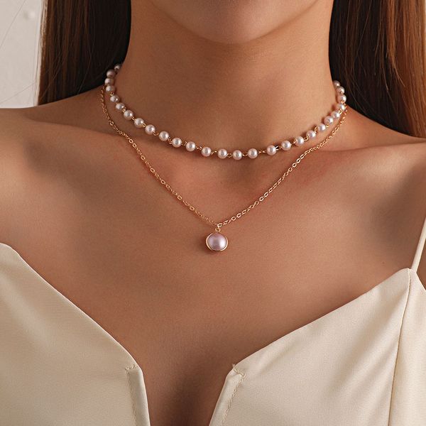 

korean temperament imitation pearl pendant choker necklace women fashion double layer geometric clavicle necklace jewelry kolye, Silver