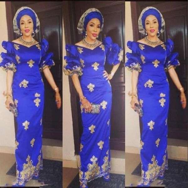 Abiti da sera blu royal Aso Ebi con scollo a V mezze maniche in pizzo dorato Plus Size abito da ballo abiti da donna africani robe de soire