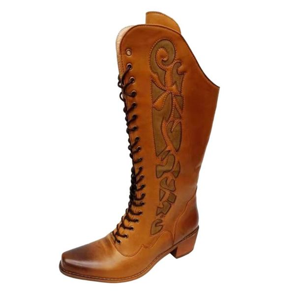 

women leather shoes lace up squsre heel over the knee knight boots ladies fashion leisure personality comfortable durable, Black