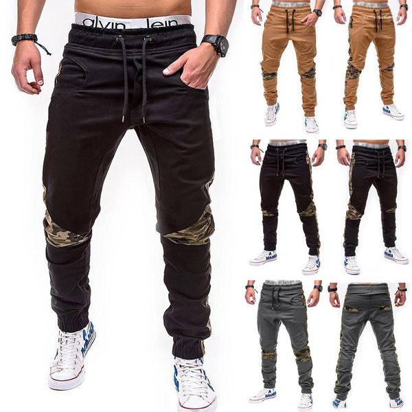

designer clothing mens camouflage stitching pants casual mid waist lace up slim fit pencil pants male, Black