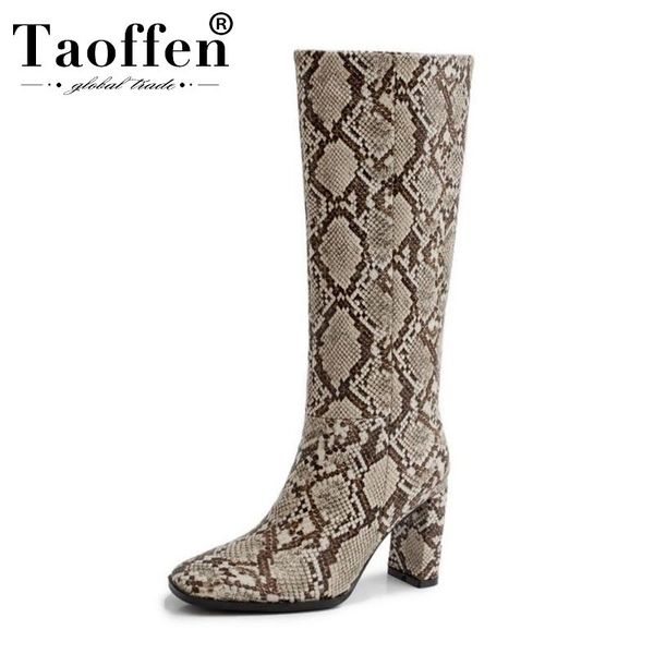 

boots taoffen 2021 fashion snakeskin pattern knee high heels ladies winter shoes women party long botas size 33-40, Black