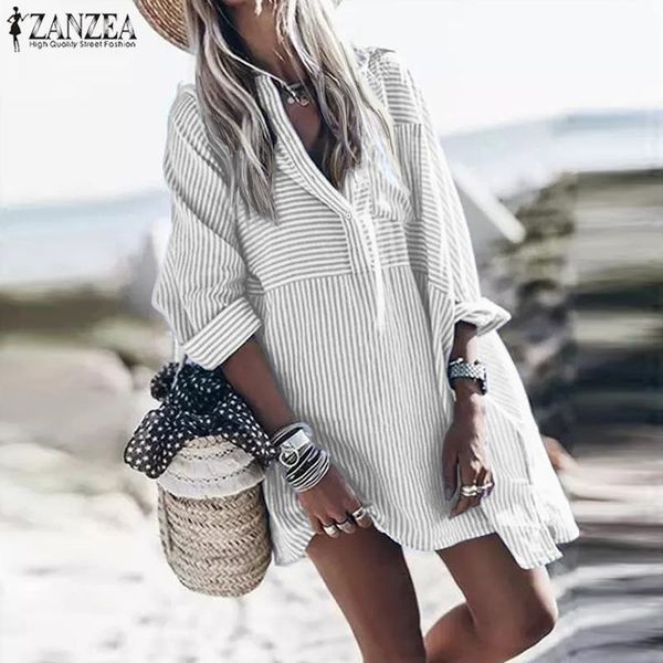 

casual dresses 2021 autumn long sleeve shirt dress zanzea fashion mini sundress women striped short vestidos female robe plus size 5xl, Black;gray