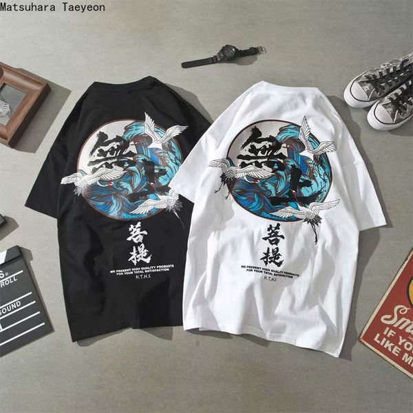 

2019 summer harajuku buddha crane print t shirts men hip hop t-shirt chinese character casual tees streetwear tshirt