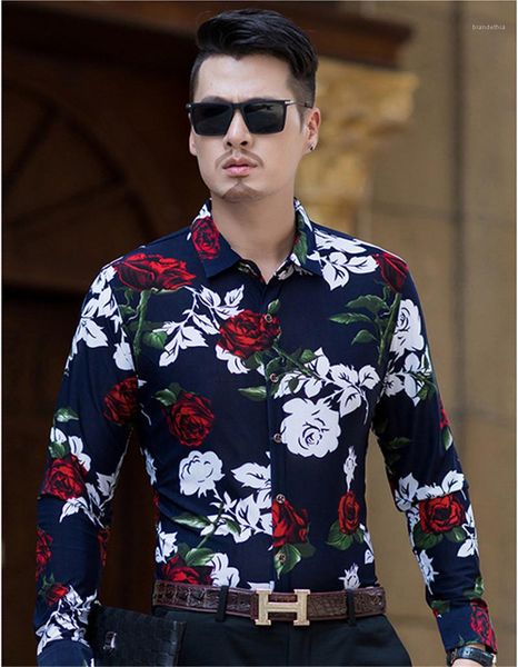 

long sleeve lapel neck mens shirts casual teenager autumn rose printed mens dress shirts, White;black