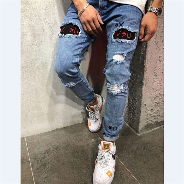 

2020 spring men fashion elastic skinny hole ripped jeans pants bodycon stretch denim long trousers pencil pants men clothes, Blue
