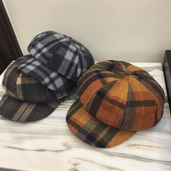 

202009-38304sj new autumn woolen blended fabric british plaid octagonal equestrian hat men women visors cap, Blue;gray