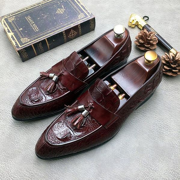 

black wine wedding men's handmade shoes fashion pointed toe dress shoes for men genuine leather falt tassel oxford
