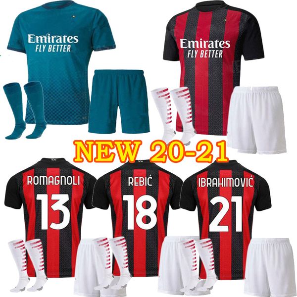 

kit ac 2020 2021 milan ibrahimovic soccer jerseys set 20 21 piatek paqueta theo rebic football shirts men kits uniforms, Black