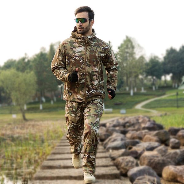 

camouflage suit jacket pants set men sharkskin outdoor hunting ghillie suit sniper camo camping waterproof soft fleece jacket