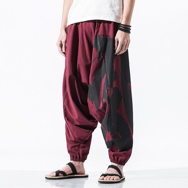 

men sweatpant nepal harem hippie wide leg loose yoga crotch pants baggy bloomers casual jogger fitness athletic pant sportswear, White;red