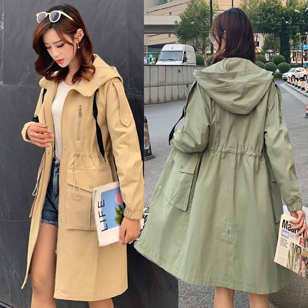 

2020 new spring autumn women long sleeve hooded outerwear long trench coat female korean loose bf safari windbreaker coat s173, Tan;black