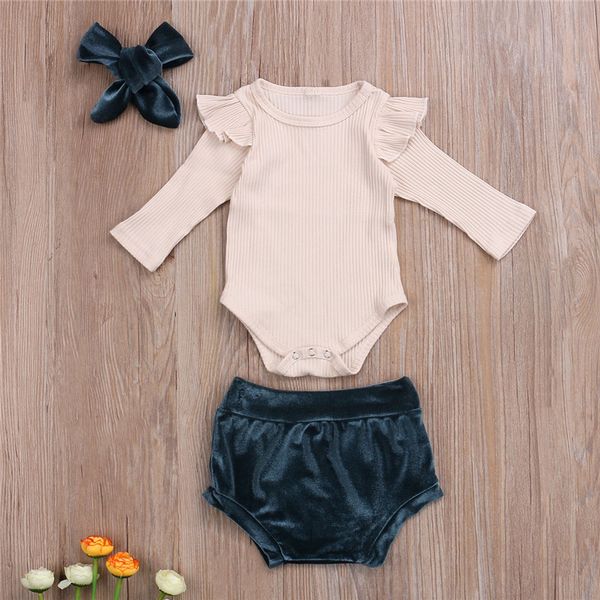 

осень зима новорожденный baby girl одежда набор с длинным рукавом рябить ромпер топы высокой талией шорты velvet оголовье 3шт для новорожден, White