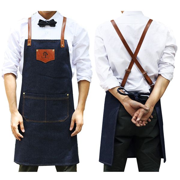 

aprons 2021 bbq denim cowboy apron bib leather straps chef kitchen for women men pockets barber cook restaurant waitress logo