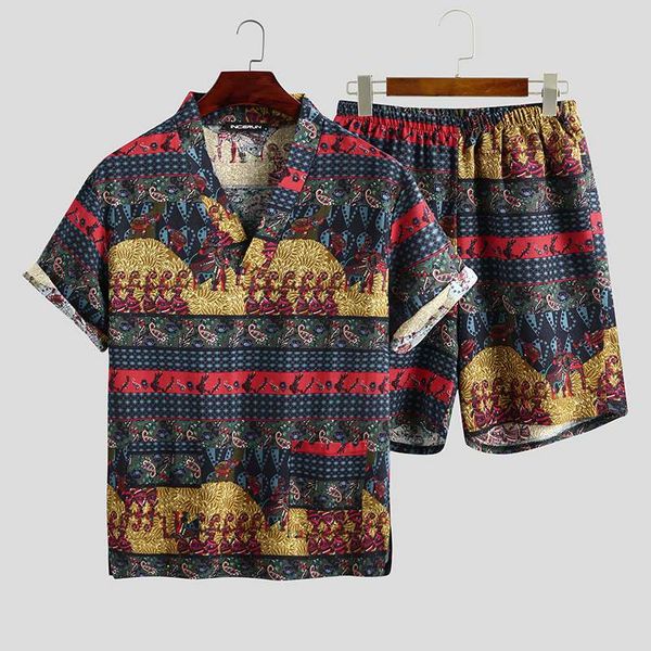 

men's sleepwear 2021 summer men printed pajamas sets loose short sleeve v neck leisure shorts cotton kimono suits s-5xl, Black;brown