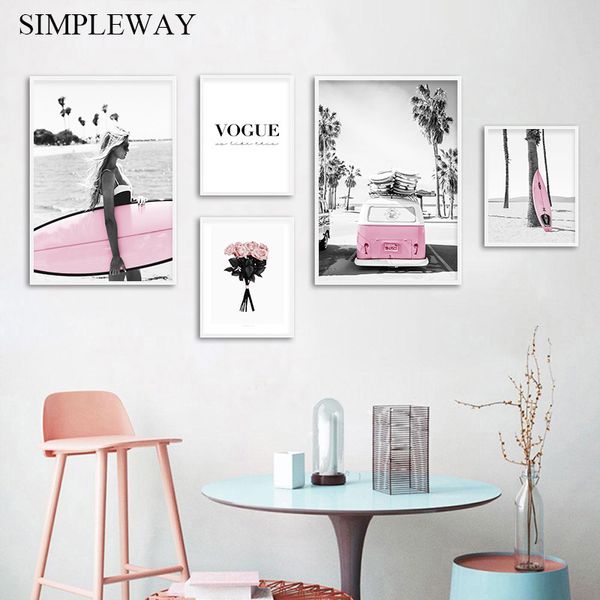 

beach pink surfboard landscape fashion poster nordic wall art canvas print vogue painting modern girls room decoration picture