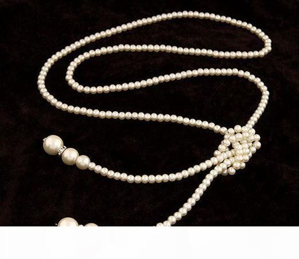 

european and american fashion accessories luxury single double-decoration pearl simple diamond long knot knotted sweater chain wholesale, Silver