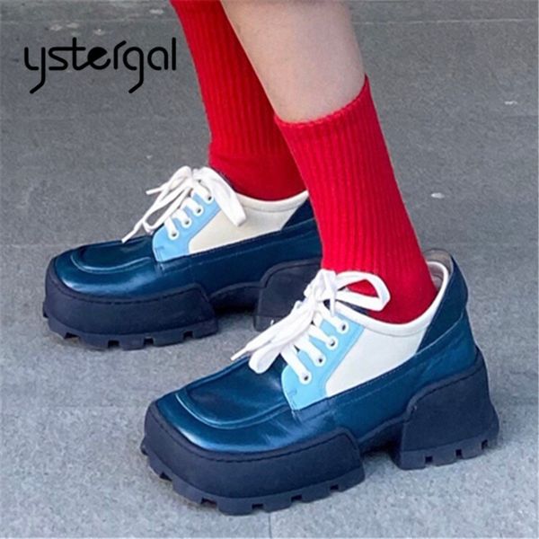 

ystergal women sneakers square toe platform shoes woman lace-up flats female casual tenis feminino espadrill thick sole trainers, Black