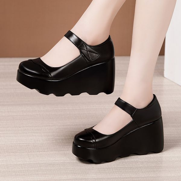 

big size 32-43 white wedding shoes women pumps platform 2020 summer fall high heels shoes ladies wedges leather footwear, Black