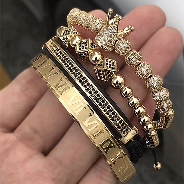

classical handmade braiding bracelet gold hip hop men pave cz zircon crown roman numeral bracelet luxury jewelry, Golden;silver