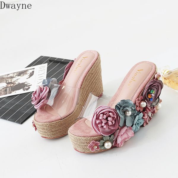

summer new pearl sandals rhinestone high heel sandals flowers wedge sandals., Black
