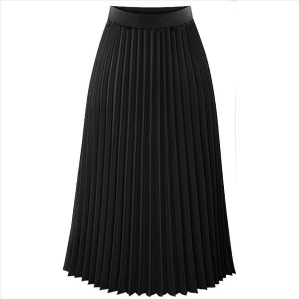 

35 skirt women white black 2020 skirts solid pleated elegant midi elastic waist maxi skirt ropa adolescente mujer vintage