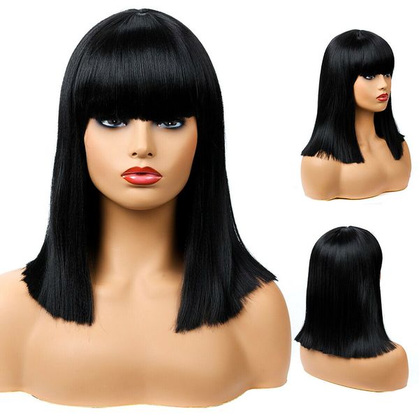 

stylish synthetic bob wigs long straight black hair with bnags cosplay party us