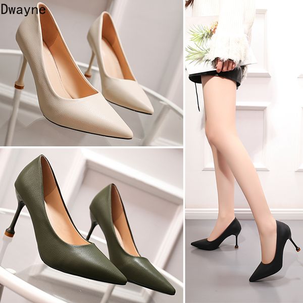 

new pointed high heels beige white large size women's shoes 8.5cm shallow mouth wild green women's shoes, Black