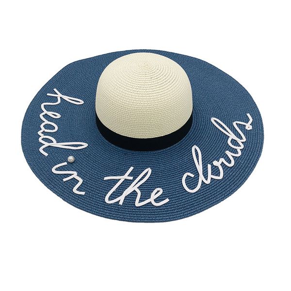 

wide brim hats 2021 english letters hand painted sun large brimmed big straw hat summer beach for women collapsible cap, Blue;gray