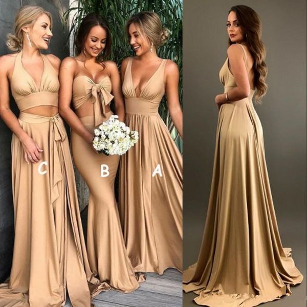 

Sexy Gold Bridesmaid Dresses with slit 2018 A Line V Neck Long Boho country beach Maid of Honor Gowns Plus Size Wedding Guest Wears