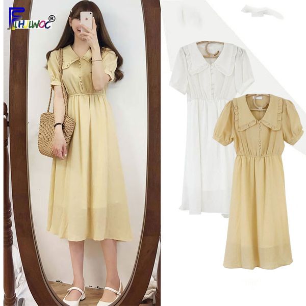 

good chiffon dresses long woman korea style short sleeve slim waist a line white yellow button shirt dress vintage 6430, Black;gray