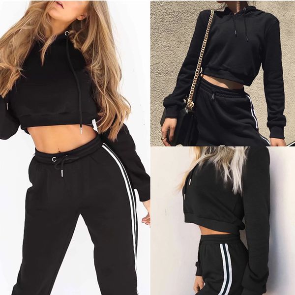 

women's tracksuits winter autumn 2 piece sets side stripe crop hoodie+pants sweatshirt sports suit women clothing set, Gray