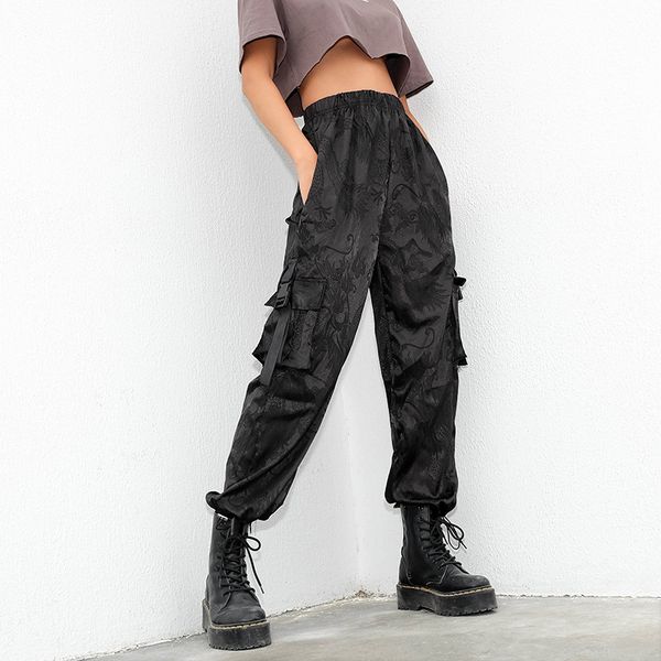

xuxi autumn 2020 women nine points pants streetwear fashion carved satin streamer tooling high waist casual cargo pants fz2530, Black;white