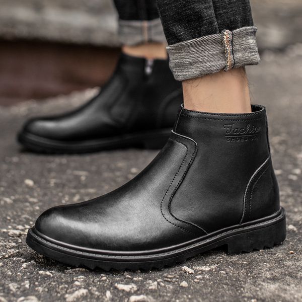 

genuine leather men winter boots plush warm cotton snow boots for cold winter cow leather men ankle male footwear, Black