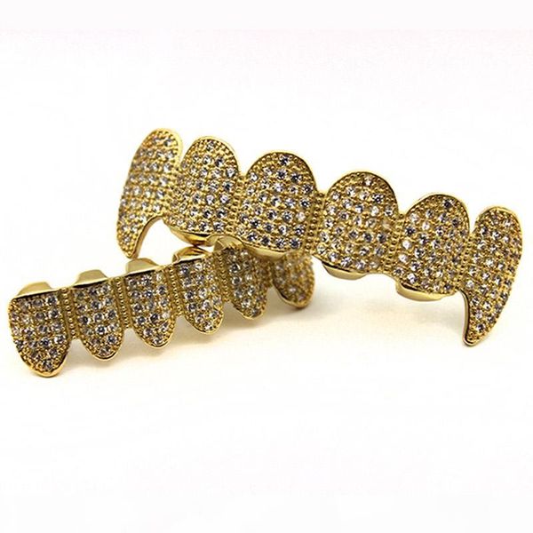 

new custom fit gold plated full high grade exclusive luxury cubic zircon & bottom gold grillz set vampire classic teeth for women men, Black