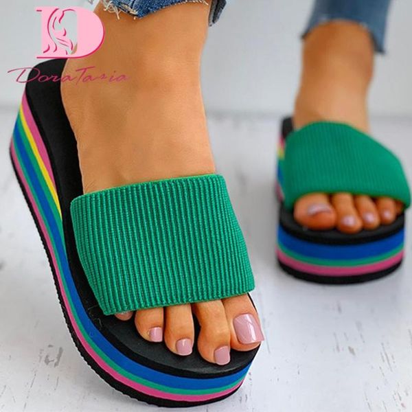 

doratasia 2020 new arrivals women slippers med wedges platform mixed colors flats summer outside women slides, Black