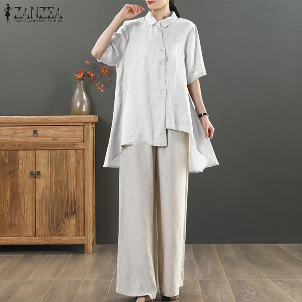 

zanzea plus size women shirt summer casual lapel neck short sleeve asymmetrical blouse chemise loose solid tunic blusas 5xl, White