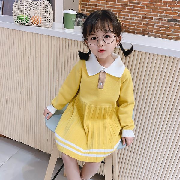 

2020 girl knitted prepply style fashion dress spring autumn kids baby pleated princess children clothes, Red;yellow