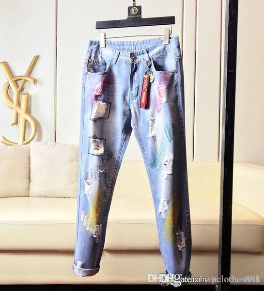 

2020 новые дизайнерские дизайнерские мужские джинсы узкие брюки повседневные джинсы люкс налить hommes мода проблемные дизайнер брюки джинсо, Blue