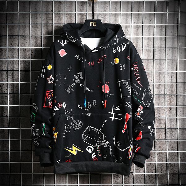 

singleroad men's hoodies men 2020 spring anime graffiti sweatshirt male hip hop harajuku japanese streetwear yellow hoodie men kg-79, Black