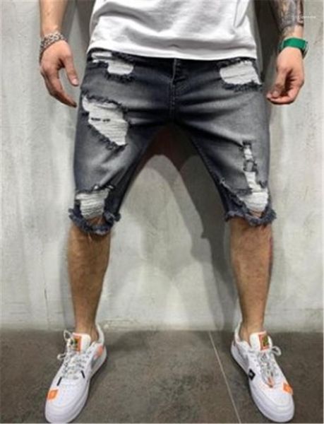 

straight mid waist zipper fly pants designer men ripped gray jeans knee length solid color homme denim pants, Blue