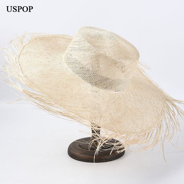 

uspop women fashion rough edegs natural straw sun hat female light weight sisal straw hat wide brim beach hats, Blue;gray