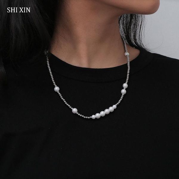 

chokers shixin punk pearl beads choker necklace for women stainless steel beaded colar 2021 fashion necklaces on the neck collier, Golden;silver
