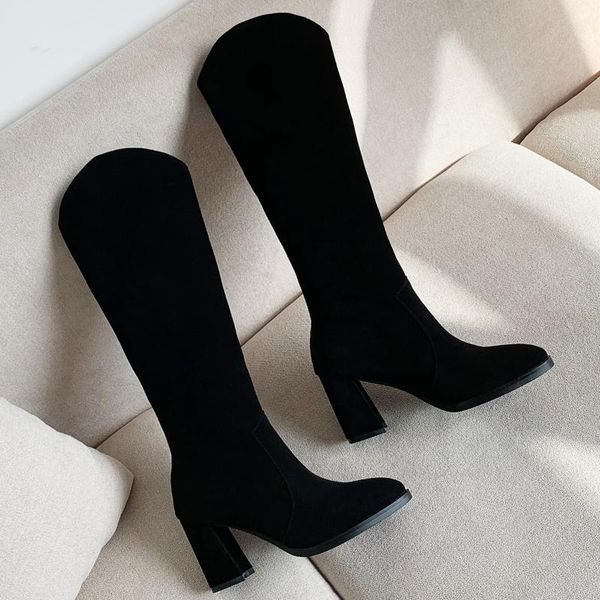

women's genuine suede leather thick high heel knee high boots elegant ladies winter dress boots quality cold weather shoes, Black