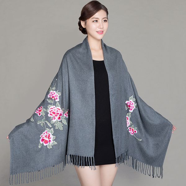 

oversized new winter warm solid scarf for women/lady soft cashmere shawls flower embroidery cashmere female wraps capes, Blue;gray