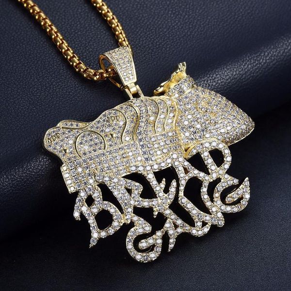 

classic us dollar money bag men pendant necklace with long chain men hip hop cubic zircon necklace jewelry for boy gift, Silver