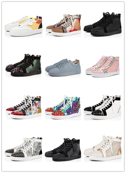 

2019 fashion red bottoms shoes studded spikes flat sneakers for men women glitter party lovers genuine leather casual rivet, Black