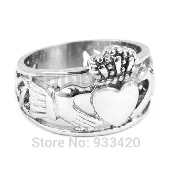 

wholesale claddagh style hand to hold a heart with crown ring stainless steel jewelry celtic knot wedding ring women swr0308b, Golden;silver